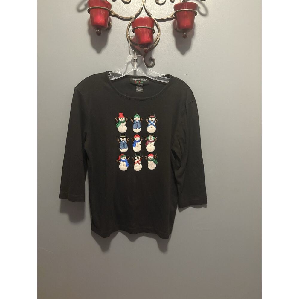 Hampshire Studio Snow 3/4 Length T-Shirt Black Holiday Winter Snowman Size M